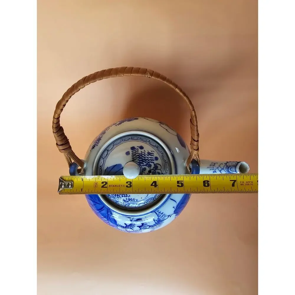 Vintage Blue White Teapot Wicker Handle Lid - Chinoiserie Style